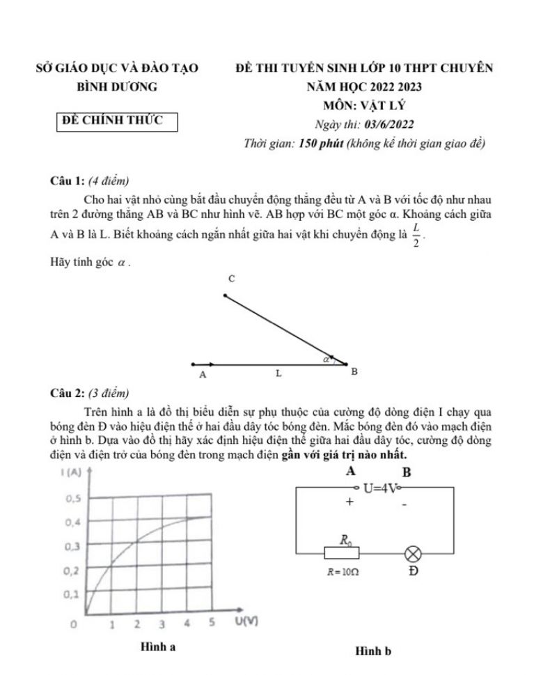 Đề thi tuyển sinh vào lớp 10 THPT Chuyên môn Vật Lý tỉnh Bình Dương năm 2022