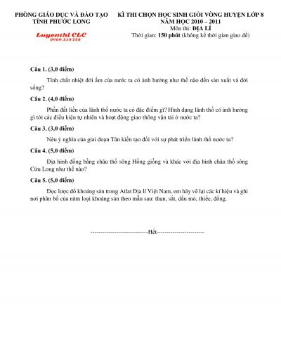 Đề thi chọn HSG vòng huyện và đáp án môn Địa Lí lớp 8 huyện Phúc Long tỉnh Bình Phước năm 2010