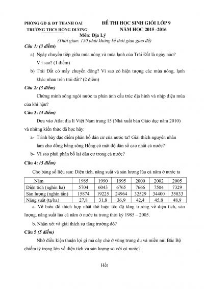 Đề thi HSG lớp 9 và đáp án môn Địa Lý Trường THCS Hồng Dương, Thanh Oai năm 2015