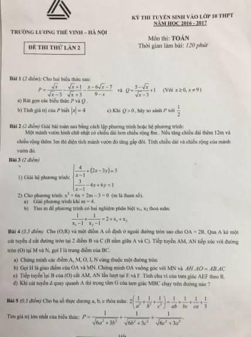 Đề thi tuyển sinh vào lớp 10 THPT môn Toán Trường THCS Lương Thế Vinh, Hà Nội năm 2017