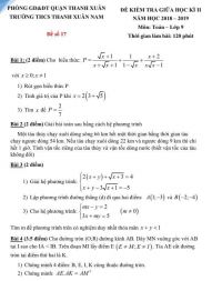 Đề kiểm tra giữa học k&igrave; II m&ocirc;n To&aacute;n lớp 9 Trường THCS Thanh Xu&acirc;n Nam, quận Thanh Xu&acirc;n, H&agrave; Nội năm 2018