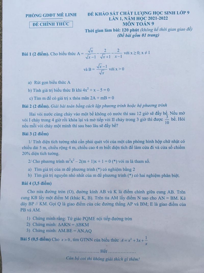 Đề khảo s&aacute;t chất lượng học sinh m&ocirc;n To&aacute;n lớp 9 lần 1, huyện M&ecirc; Linh, H&agrave; Nội năm 2022