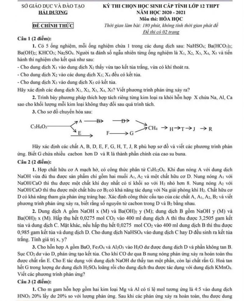 Đề thi chọn HSG và đáp án môn Hóa Học lớp 12 THPT tỉnh Hải Dương năm 2021