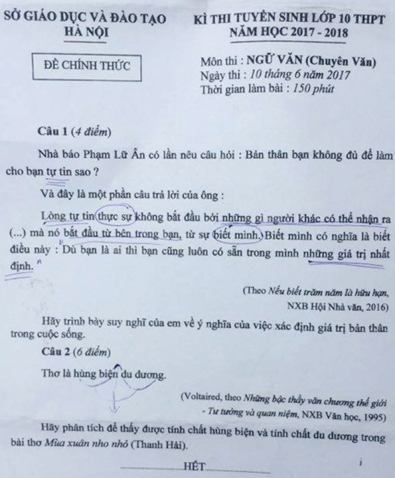 Đề thi tuyển sinh vào lớp 10 THPT môn Ngữ Văn (chuyên) thành phố Hà Nội năm 2017