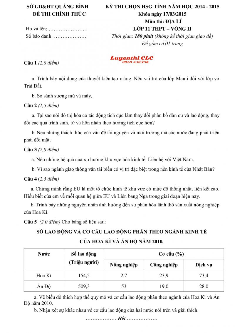 Đề thi chọn HSG tỉnh lớp 11 THPT v&agrave; đ&aacute;p &aacute;n m&ocirc;n Địa L&iacute; - v&ograve;ng 2 tỉnh Quảng B&igrave;nh năm 2015