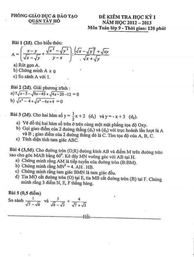 Đề kiểm tra học k&igrave; I m&ocirc;n To&aacute;n quận T&acirc;y Hồ năm 2012