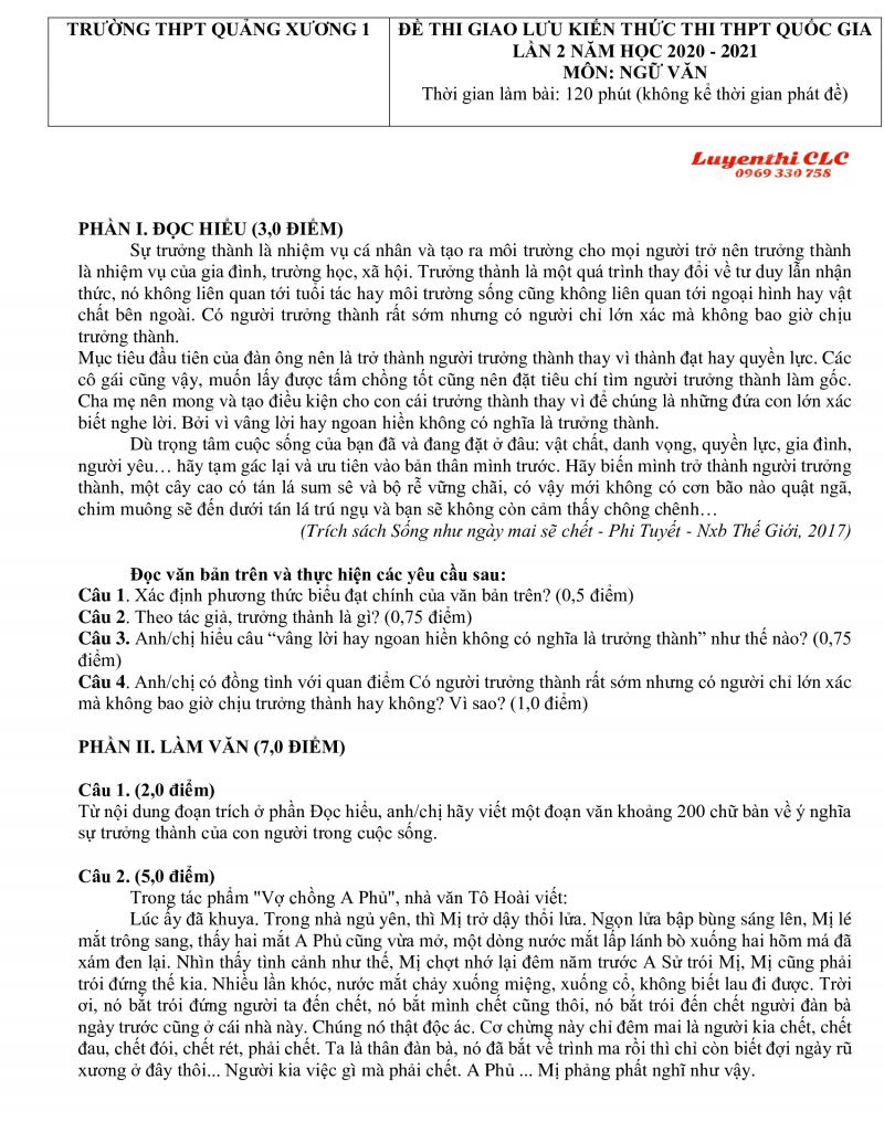 Đề thi giao lưu kiến thức thi THPT Quốc Gia lần 2 môn Ngữ Văn Trường THPT Quảng Xương 1, tỉnh Thanh Hóa năm 2021