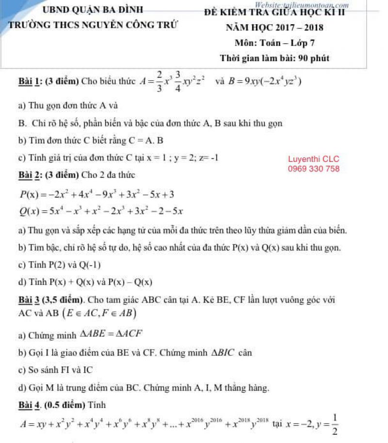 Đề kiểm tra giữa học k&igrave; II m&ocirc;n To&aacute;n lớp 7 Trường THCS Nguyễn C&ocirc;ng Trứ, quận Ba Đ&igrave;nh, H&agrave; Nội năm 2017