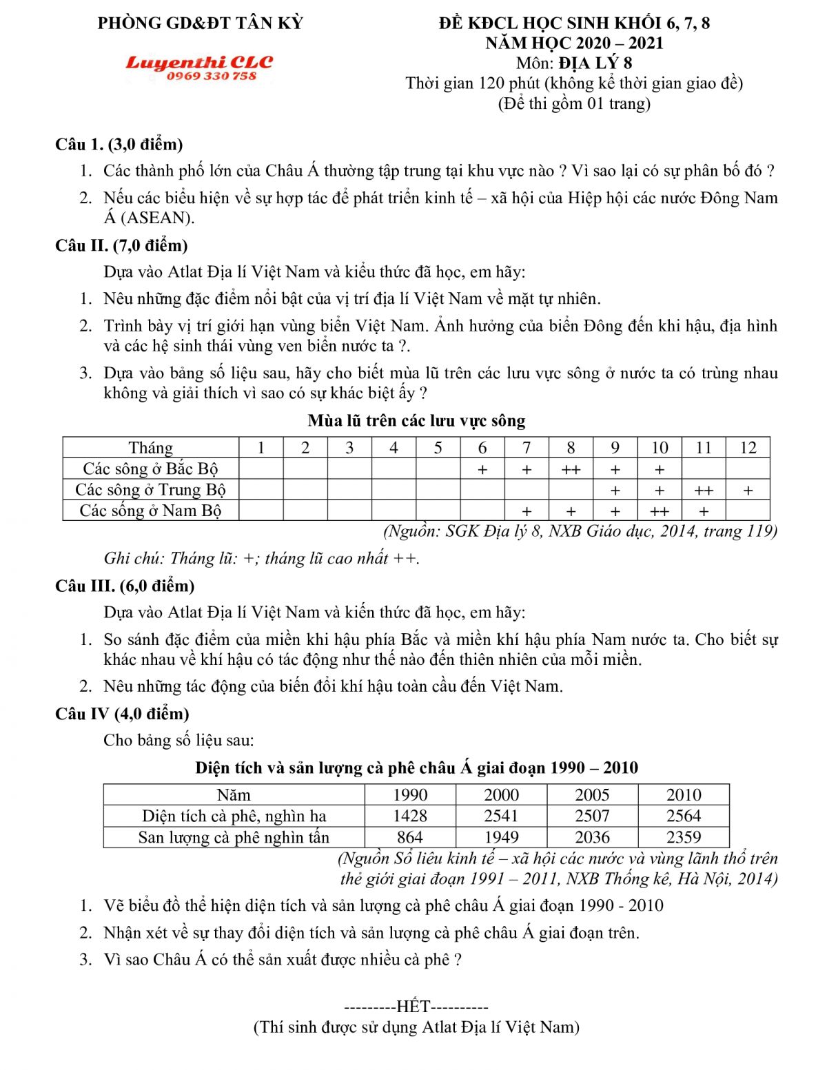 Đề KĐCL học sinh  m&ocirc;n Địa L&iacute; lớp 8 huyện T&acirc;n Kỳ, tỉnh Nghệ An năm 2020