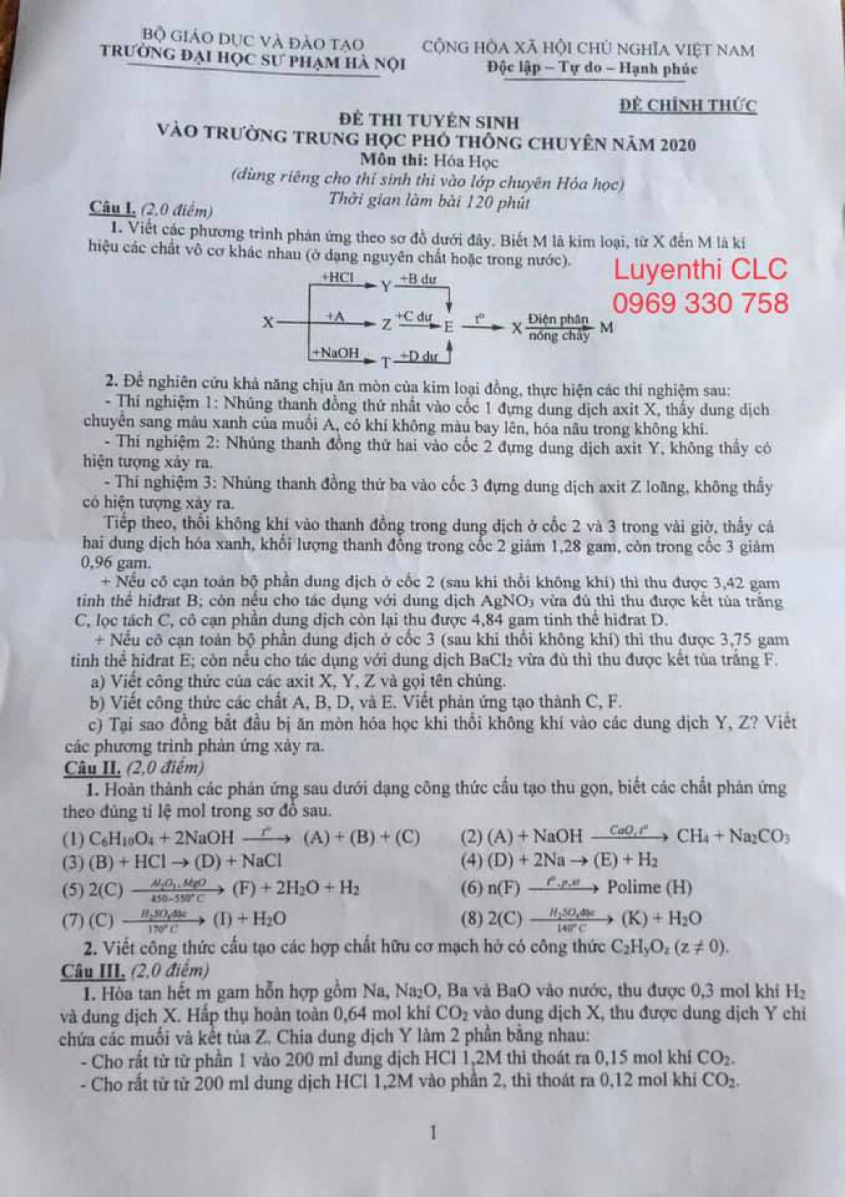 Đề thi m&ocirc;n Ho&aacute;- tuyển sinh v&agrave;o lớp 10 THPT chuy&ecirc;n ĐHSP H&agrave; Nội năm 2020 (thi chiều ng&agrave;y 15/7/2020)