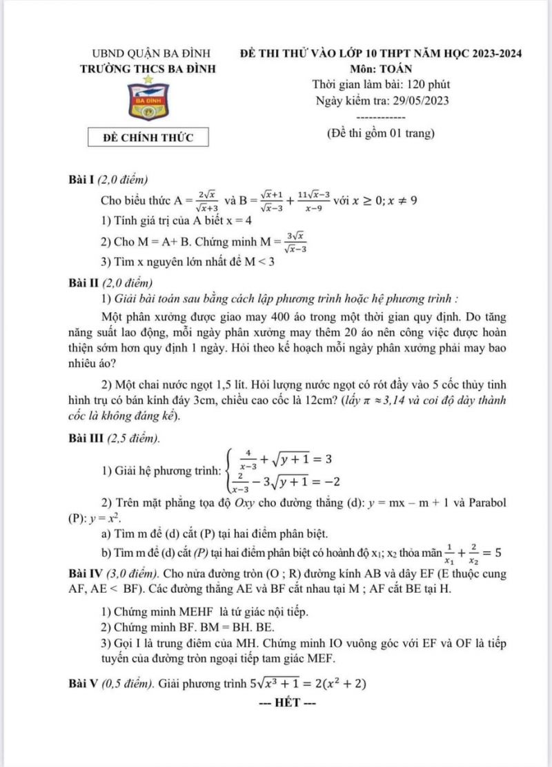 Đề thi thử vào 10 THPT môn Toán Trường THCS Ba Đình, Hà Nội năm 2023