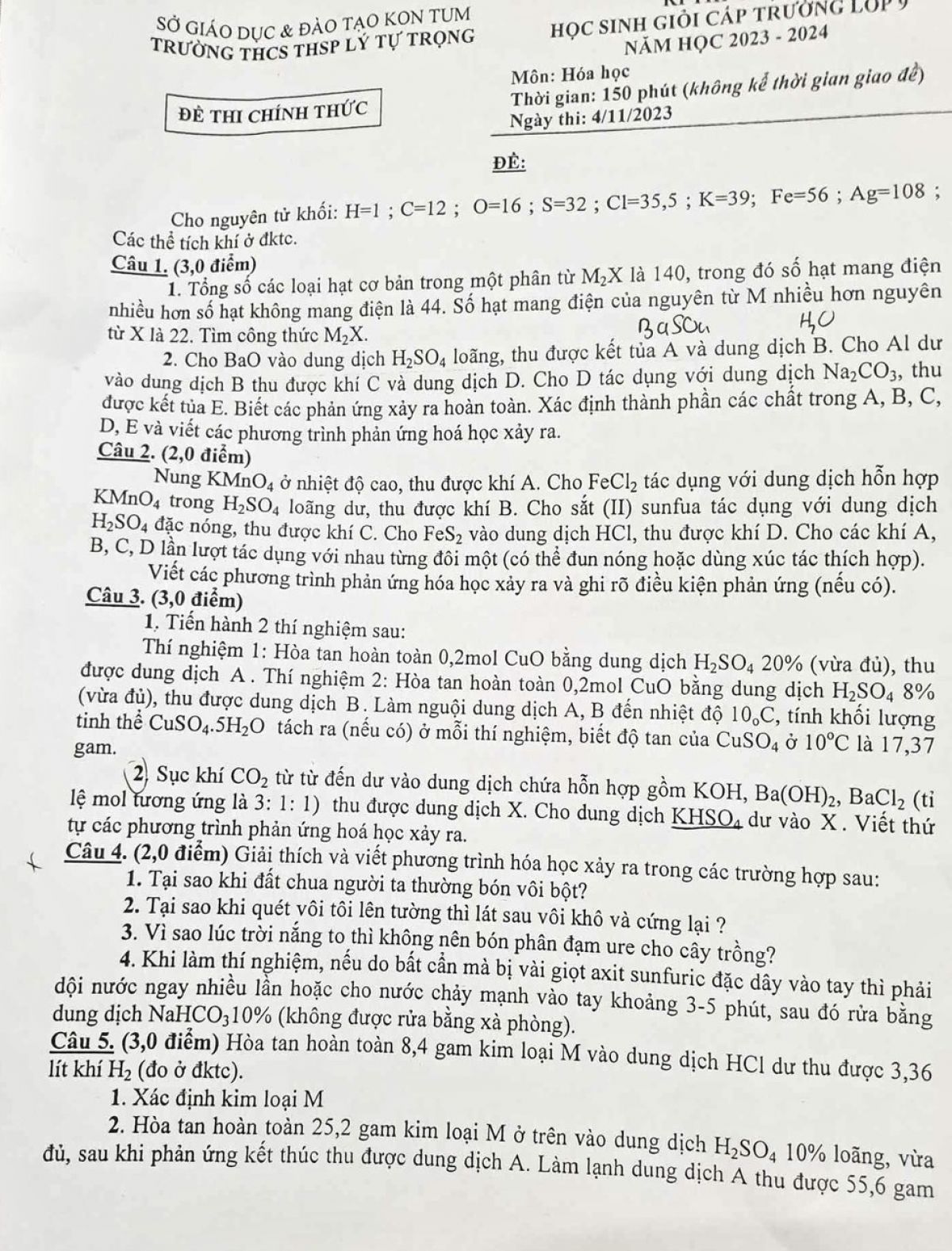Đề thi chọn HSG m&ocirc;n H&oacute;a Học lớp 9 Trường THCS L&yacute; Tự Trọng tỉnh Kon Tum năm 2023