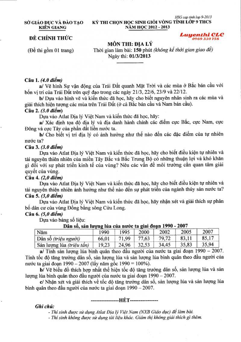 Đề thi chọn HSG vòng tỉnh lớp 9 môn Địa Lí và đáp án tỉnh Kiên Giang năm 2013