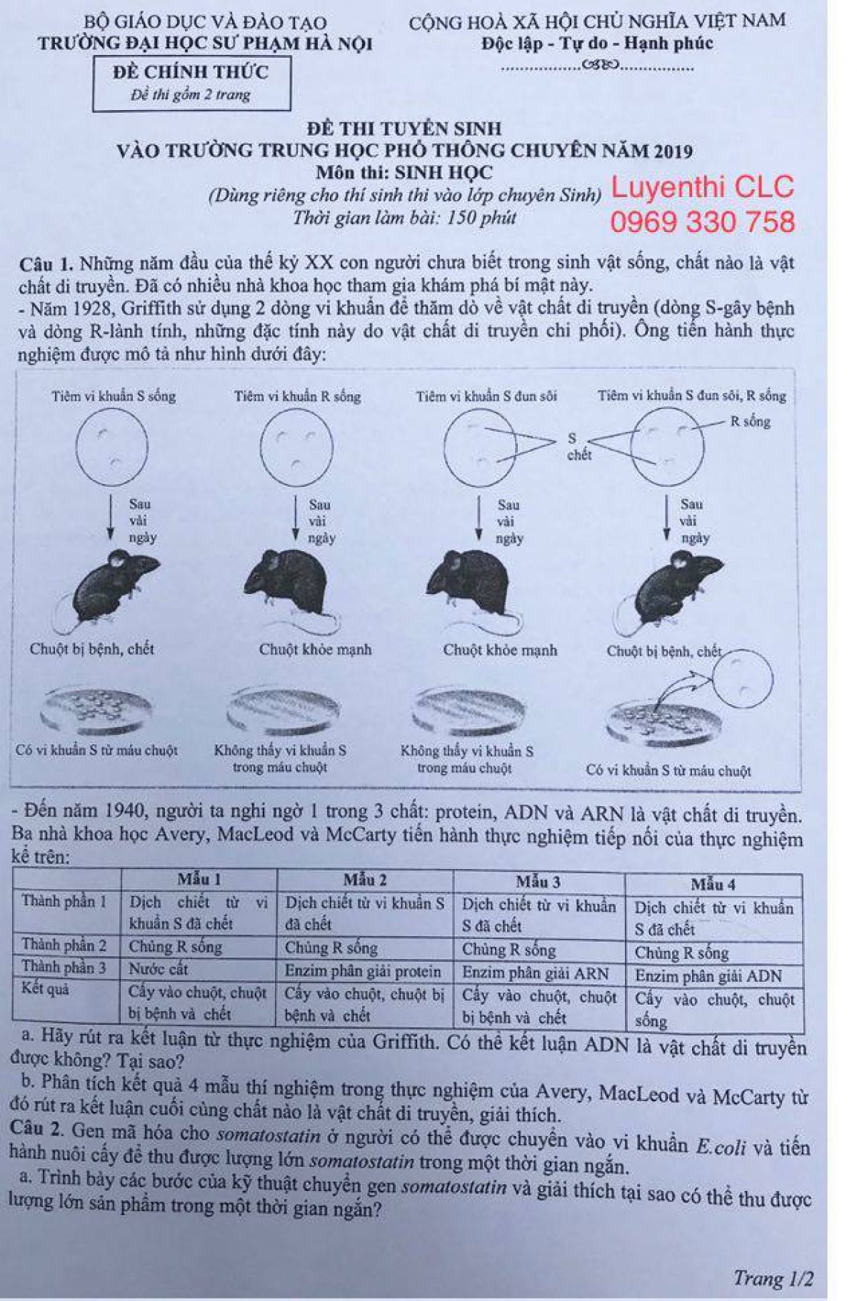Đề thi tuyển sinh lớp 10 trường THPT CHUY&Ecirc;N năm 2019 m&ocirc;n Sinh học