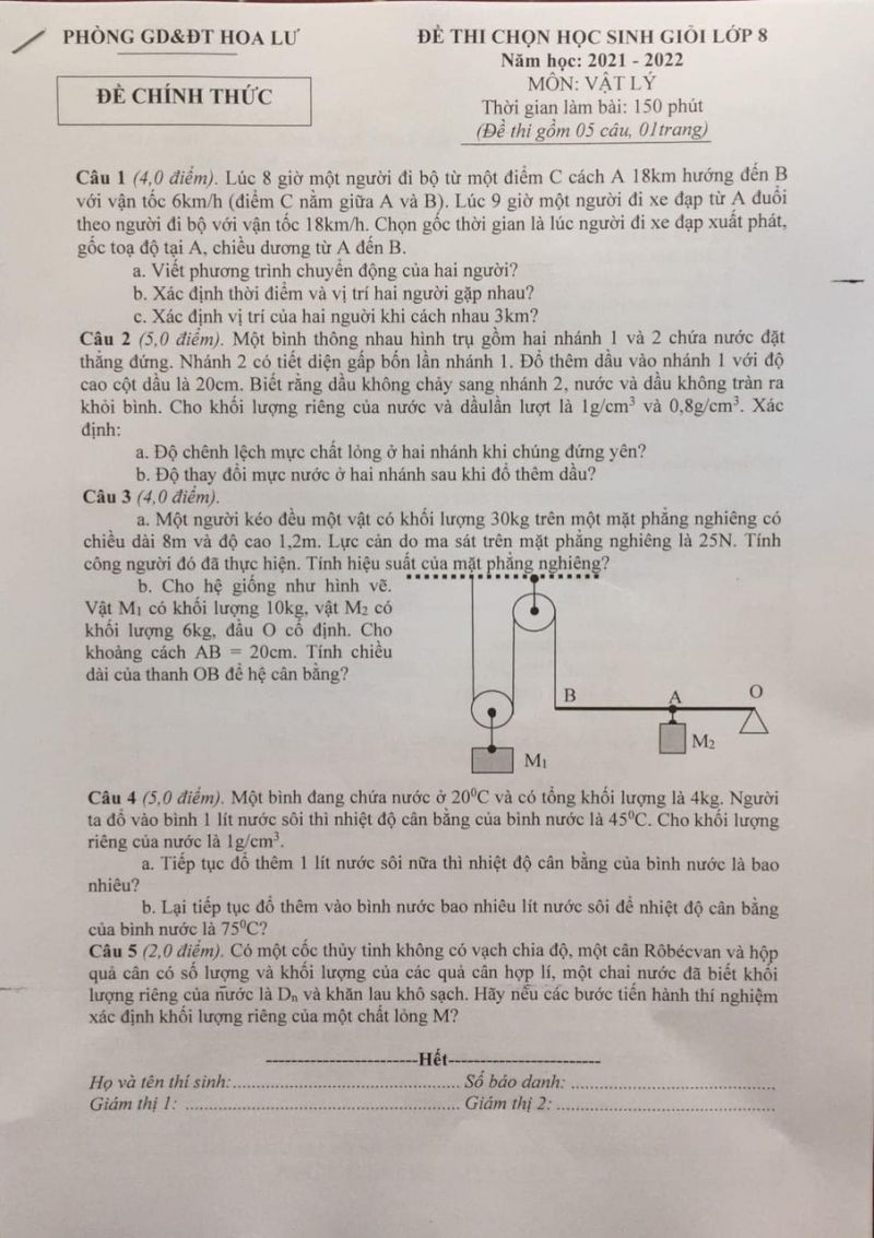 Đề thi chọn HSG môn Vật Lý lớp 8 huyện Hoa Lư tỉnh Ninh Bình năm 2022
