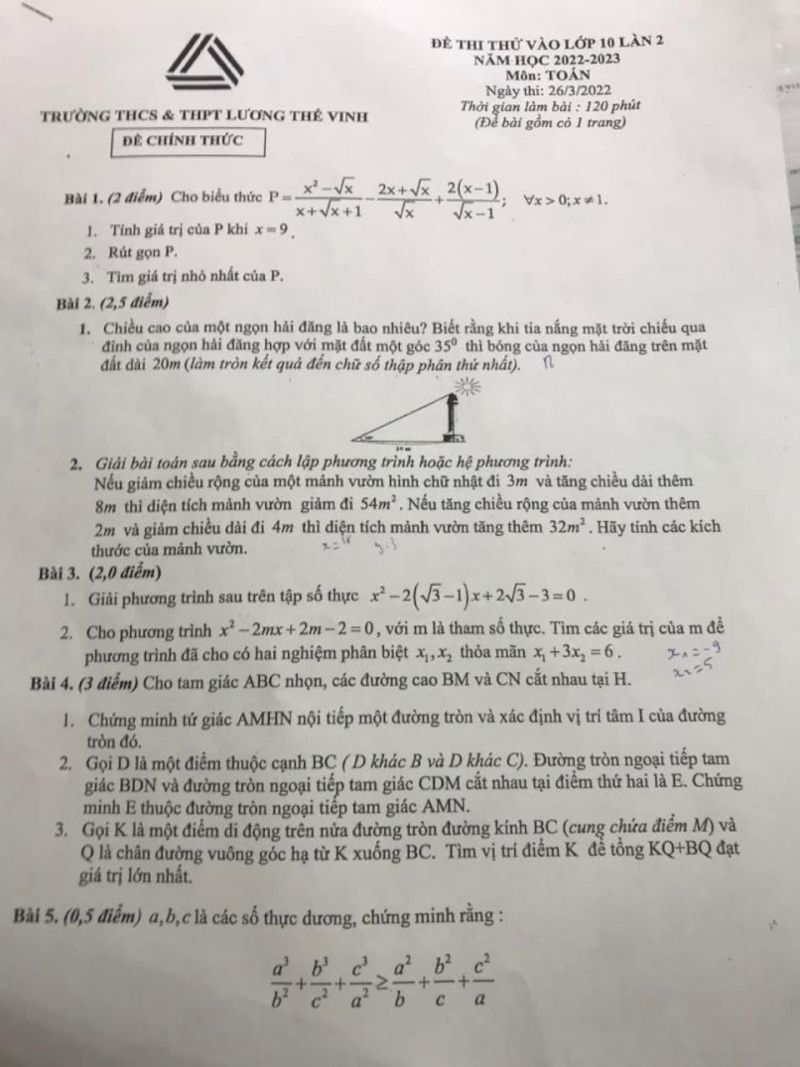 Đề thi thử vào lớp 10 môn Toán lần 2, Trường THCS &amp; THPT Lương Thế Vinh năm 2022