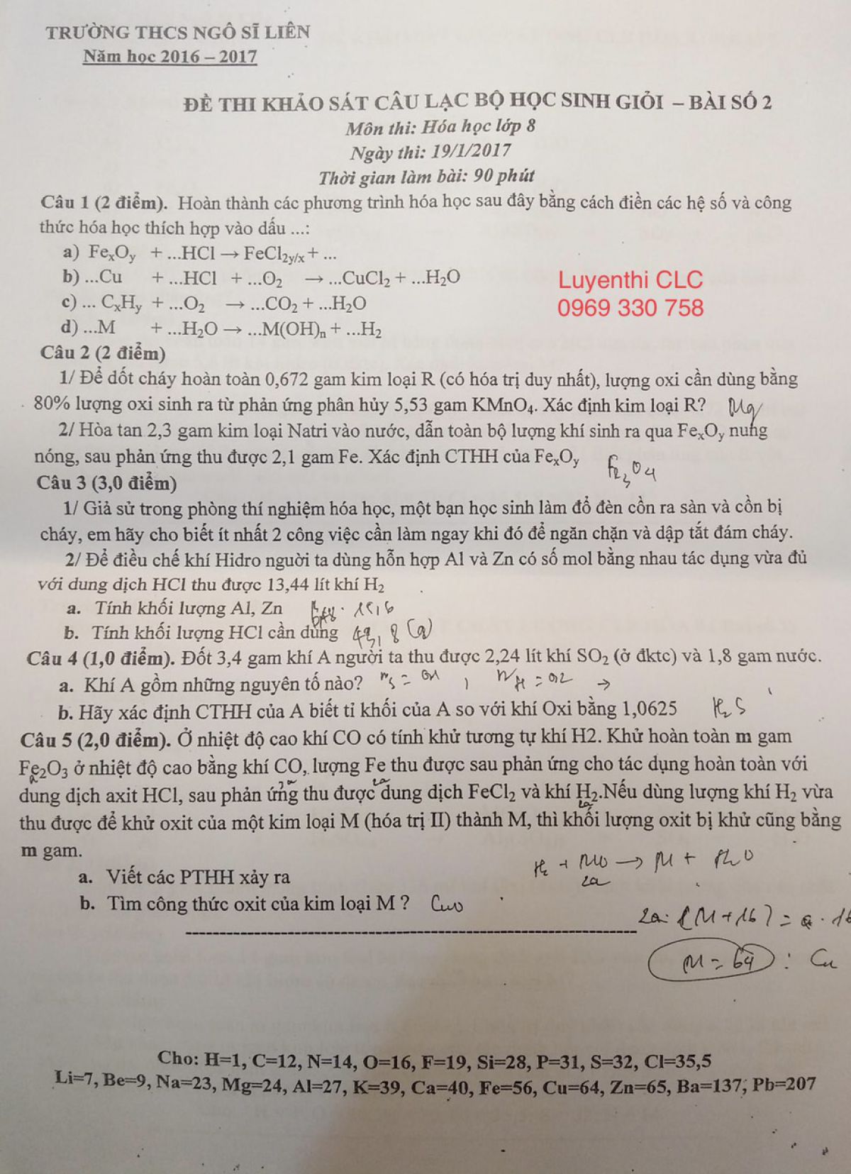 Đề thi khảo s&aacute;t C&acirc;u lạc bộ HSG - B&agrave;i số 2 m&ocirc;n H&oacute;a Học lớp 8 Trường THCS Ng&ocirc; Sĩ Li&ecirc;n, H&agrave; Nội năm 2016