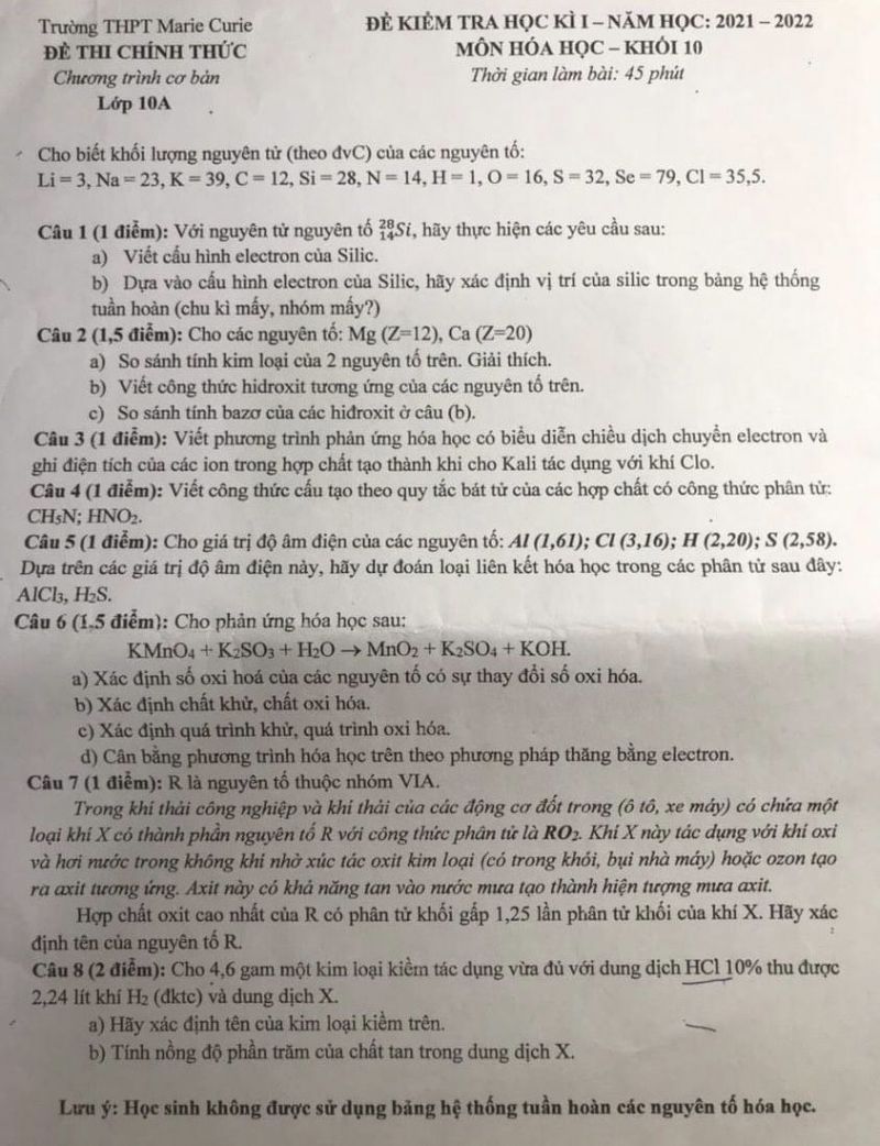 Đề kiểm tra học k&igrave; I m&ocirc;n H&oacute;a Học khối 10 Trường THPT Marie Curie, H&agrave; Nội năm 2022