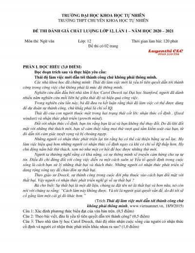 Đề thi đánh giá chất lượng lớp 12 môn Ngữ Văn lần 1 Trường THPT CHUYÊN KHTN, Hà Nội năm 2020