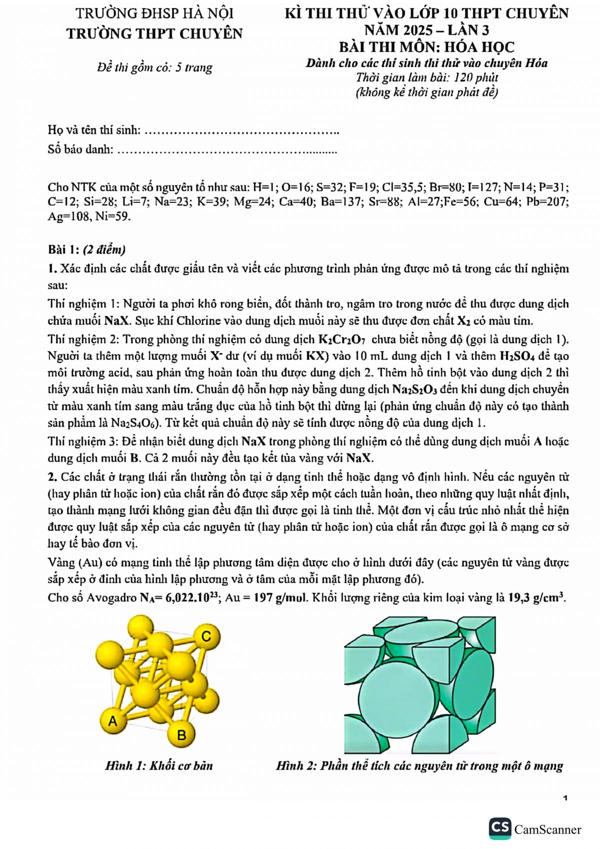 Đề thi thử v&agrave;o 10 - THPT Chuy&ecirc;n Sư phạm lần 3 m&ocirc;n H&oacute;a năm 2025