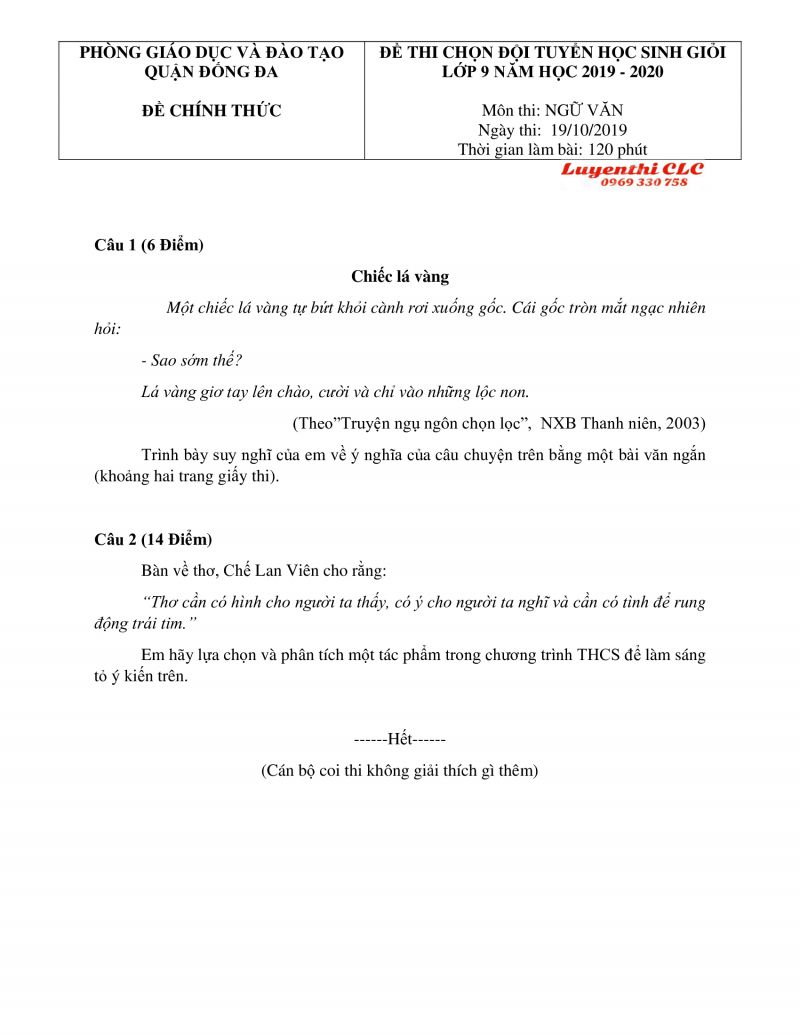 Đề thi chọn HSG môn Ngữ Văn lớp 9 quận Đống Đa, Hà Nội năm 2019