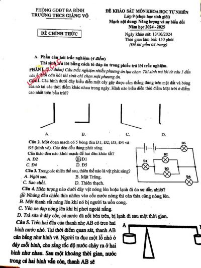 Đề khảo sát chọn HSG môn KHTN lớp 9 THCS Giảng Võ - Ba Đình