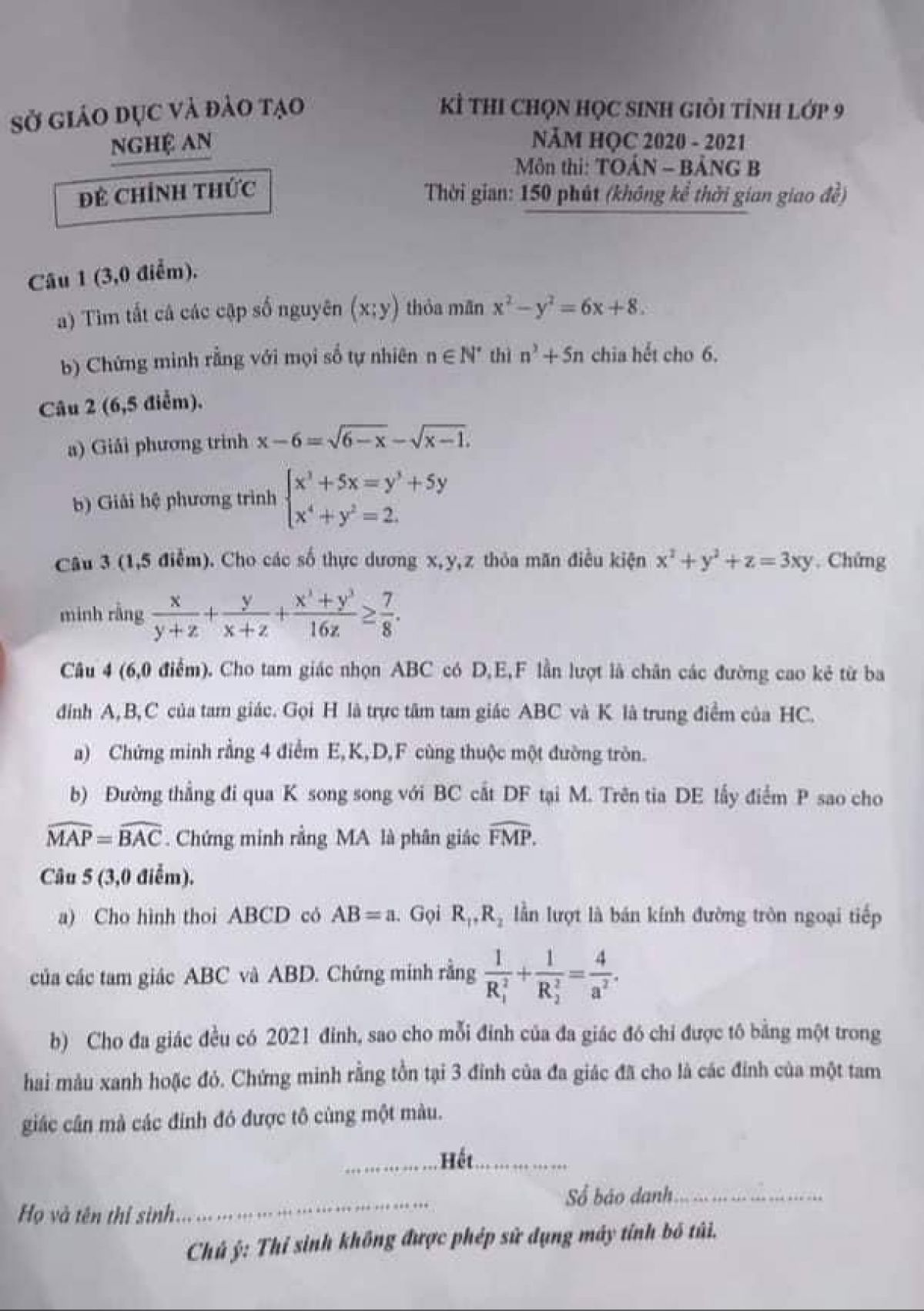 Đề thi chọn HSG môn Toán lớp 9 - Bảng B tỉnh Nghệ An năm 2021