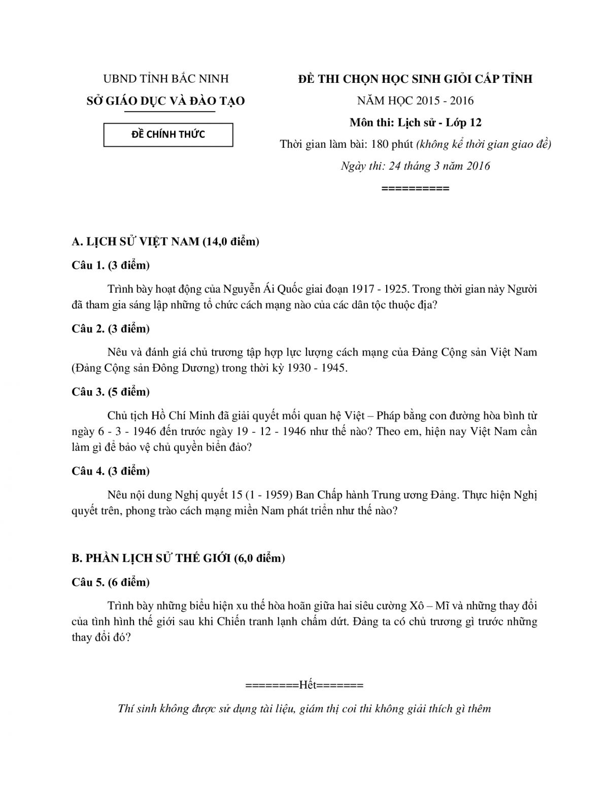 Đề thi chọn HSG cấp tỉnh m&ocirc;n Lịch Sử Lớp 12 tỉnh Bắc Ninh năm 2016