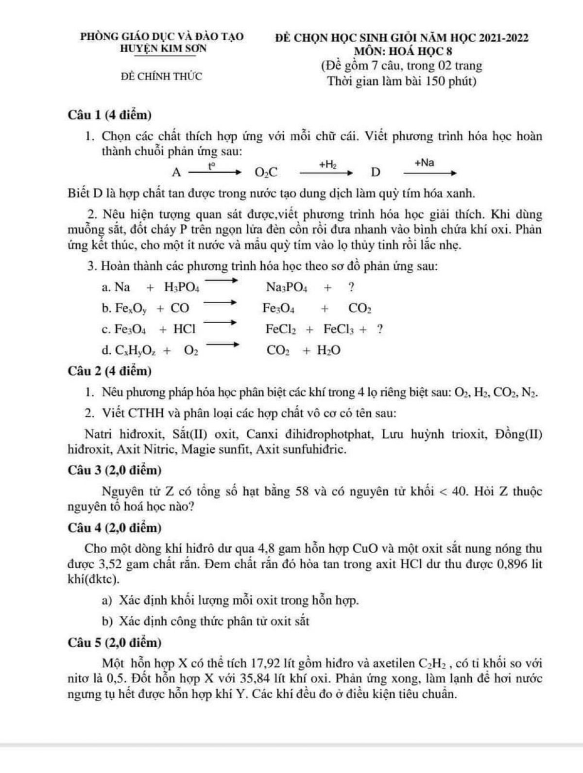 Đề thi chọn HSG và đáp án môn Hóa Học lớp 8 huyện Kim Sơn tỉnh Ninh Bình năm 2022