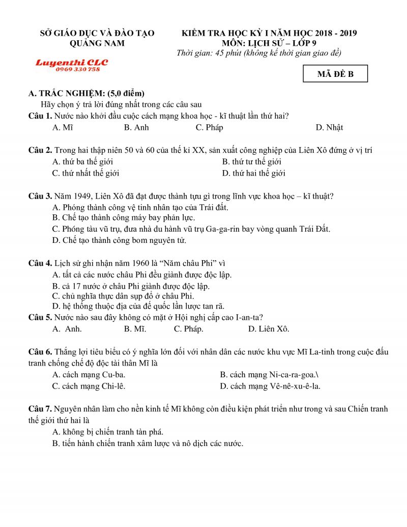 Đề kiểm tra học kì I môn Lịch Sử lớp 9 tỉnh Quảng Nam năm 2017