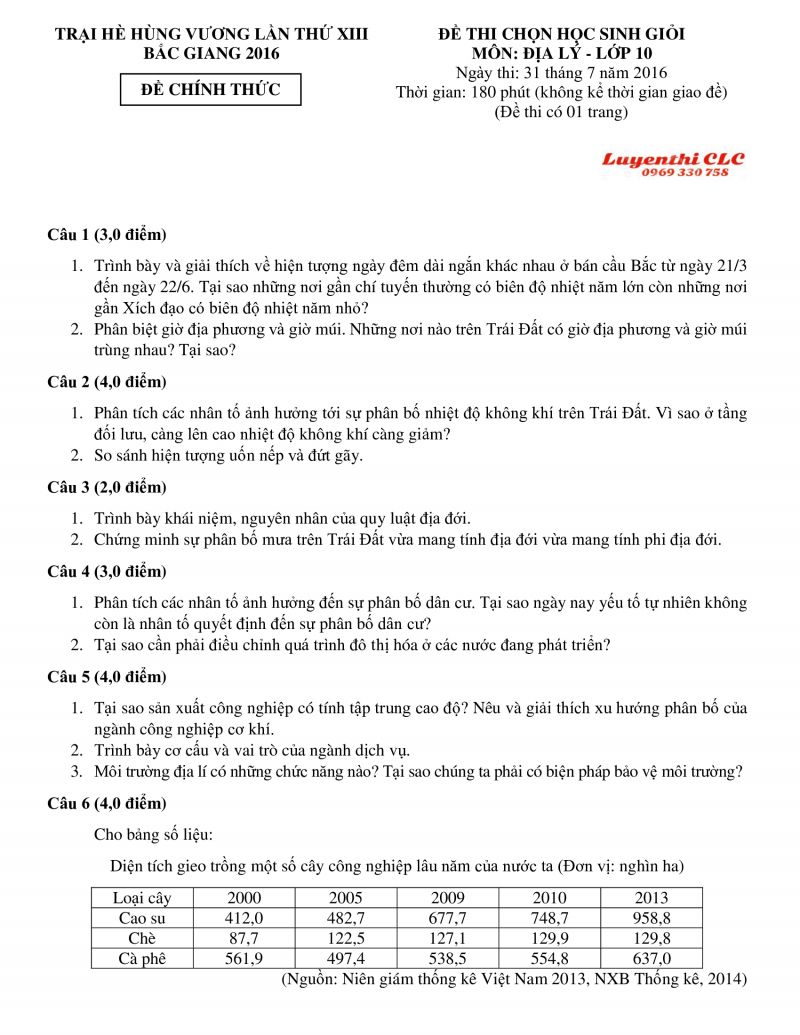 Đề thi cọn HSG môn Địa Lí lớp 10 Trại hè Hùng Vương lần thứ XIII tỉnh Bắc Giang năm 2016