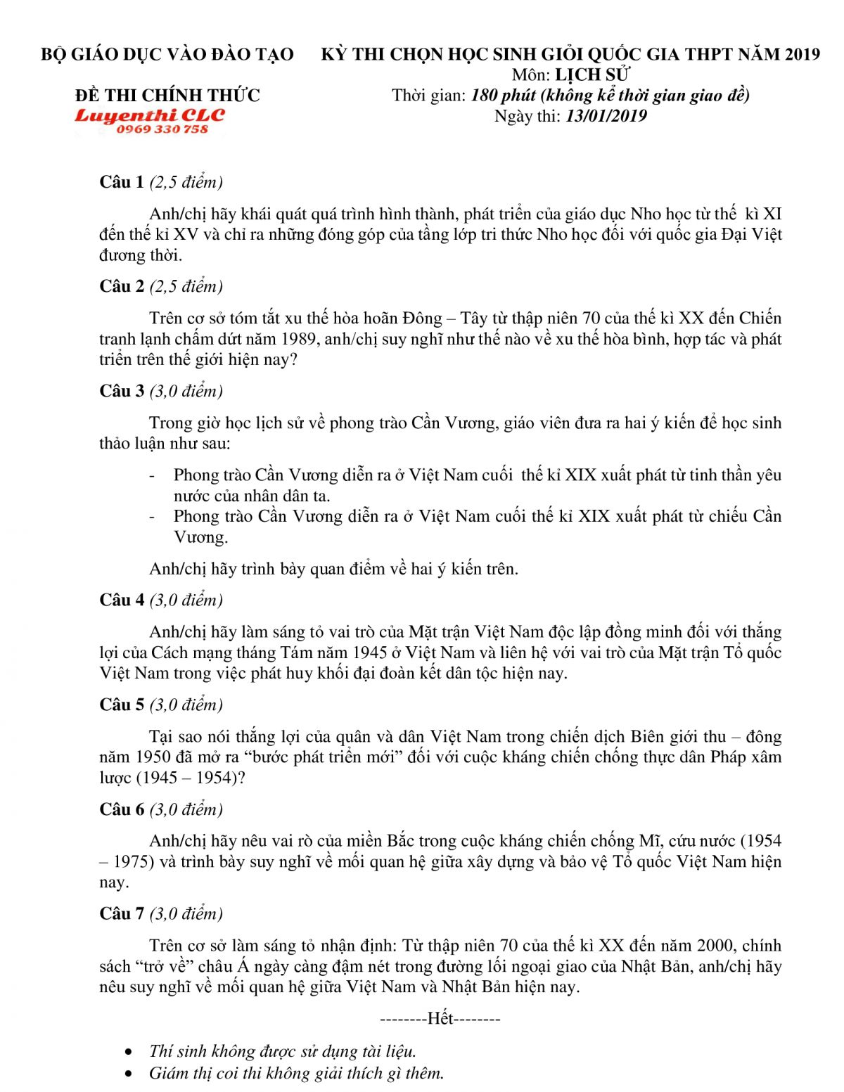 Đề thi chọn HSG Quốc Gia THPT m&ocirc;n Lịch Sử năm 2019