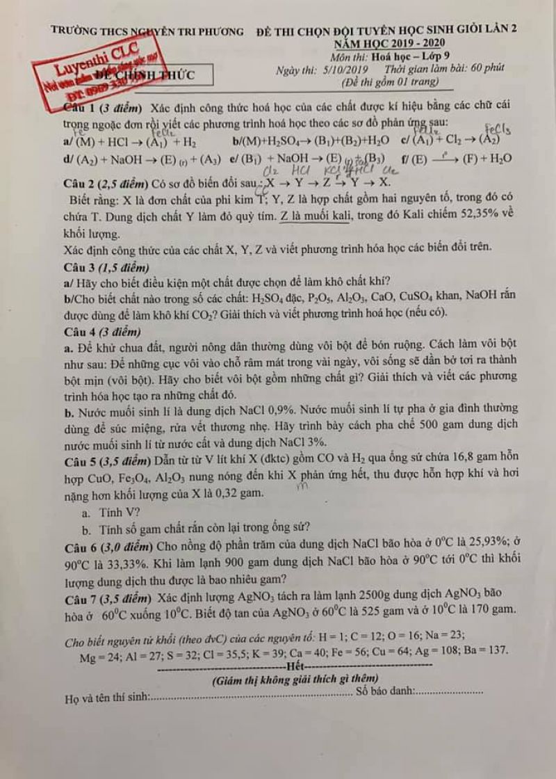 Đề thi chọn đội tuyển HSG lần 2 môn Hoá học - trường THCS Nguyễn Tri Phương (5/10/2019)