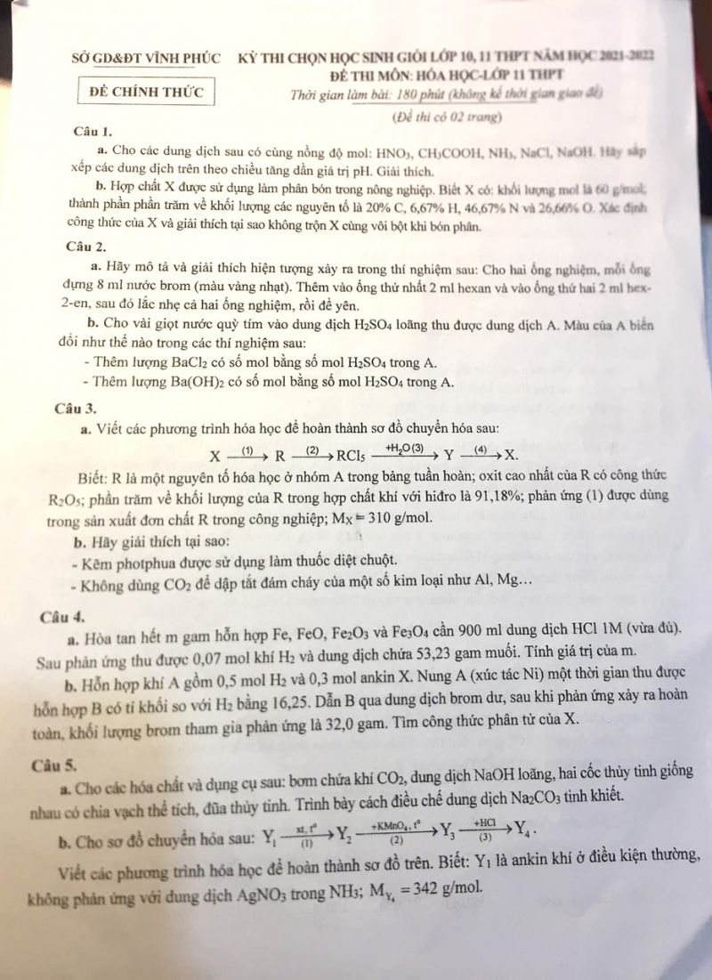 Đề thi chọn HSG môn Hóa Học lớp 11 THPT tỉnh Vĩnh Phúc năm 2022