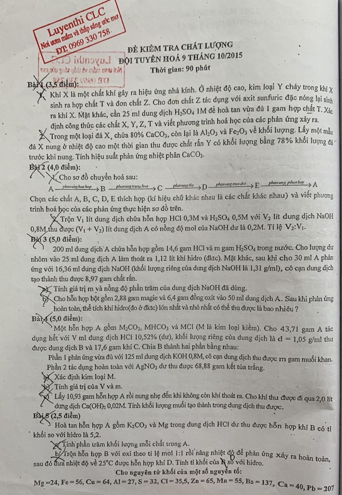 Đề kiểm tra chất lượng đội tuyển h&oacute;a 9 th&aacute;ng 10/2015