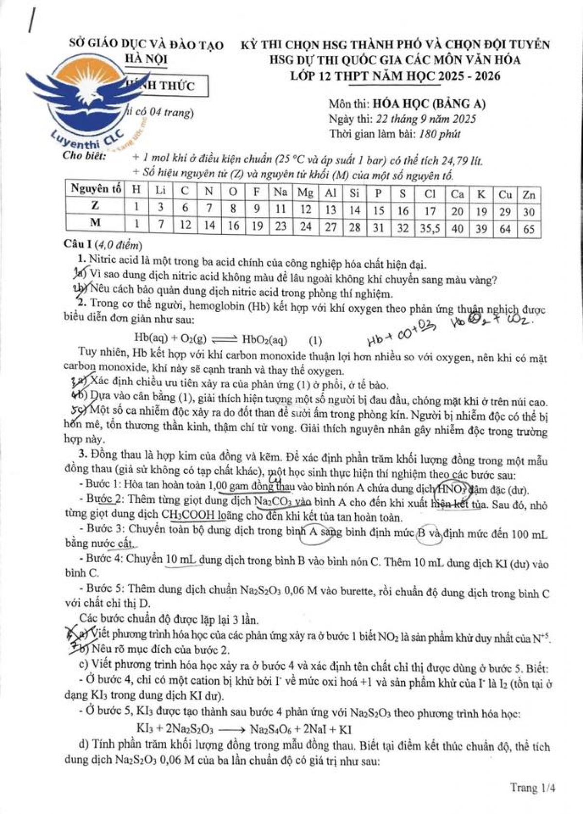ĐỀ THI CHỌN HSG TH&Agrave;NH PHỐ V&Agrave; CHỌN ĐỘI TUYẾN HSG DỰ THI QUỐC GIA C&Aacute;C M&Ocirc;N VĂN H&Oacute;A LỚP 12 THPT NĂM HỌC 2025 - 2026  M&ocirc;n thi_ H&Oacute;A HỌC (B&Aacute;NG A) - Sở GD&amp;ĐT H&agrave; Nội