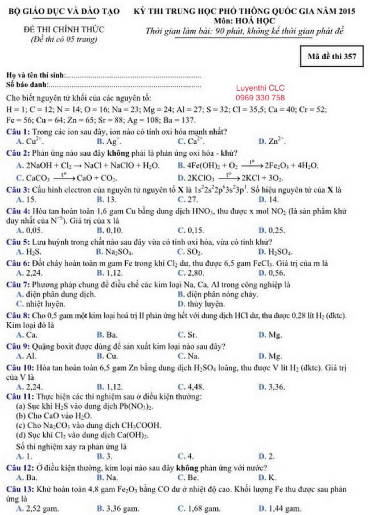 Đề thi THPT Quốc Gia  và đáp án môn Hóa Học năm 2015