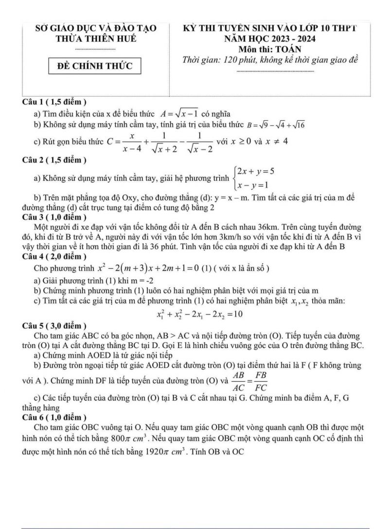 Đề thi tuyển sinh vào lớp 10 THPT môn Toán tại Thừa Thiên Huế năm 2023