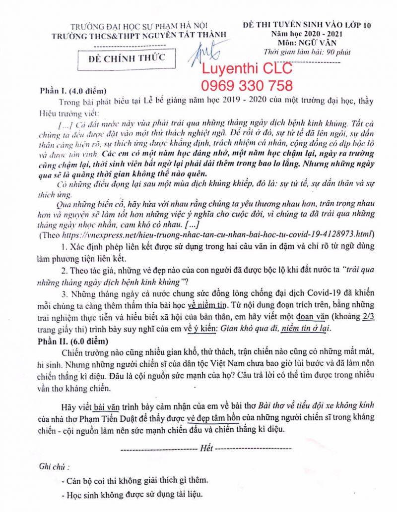 Đề thi môn Văn- tuyển sinh vào lớp 10 THPT Nguyễn Tất Thành năm 2020 (thi ngày 22/7/2020)
