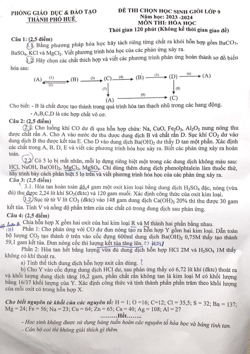 Đề thi chọn HSG môn Hóa Học lớp 9 tại Huế năm 2023