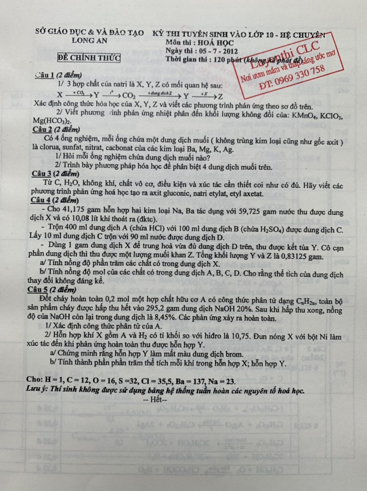 Đề thi tuyển sinh vào lớp 10 THPT CHUYÊN và đáp án môn Hóa Học tỉnh Long An năm 2012