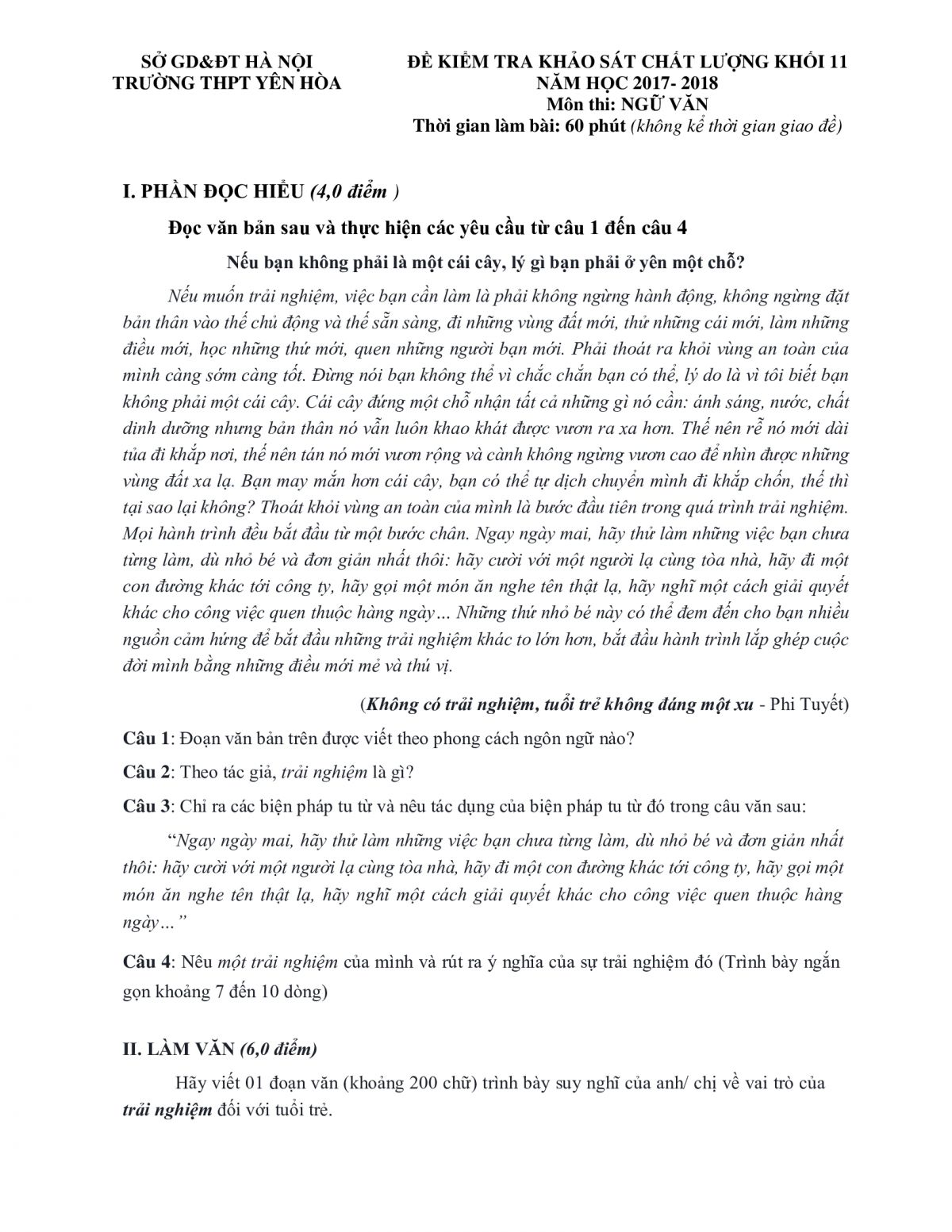 Đề kiểm tra khảo s&aacute;t chất lượng khối 11 m&ocirc;n Ngữ Văn Trường THPT Y&ecirc;n H&ograve;a, H&agrave; Nội năm 2017