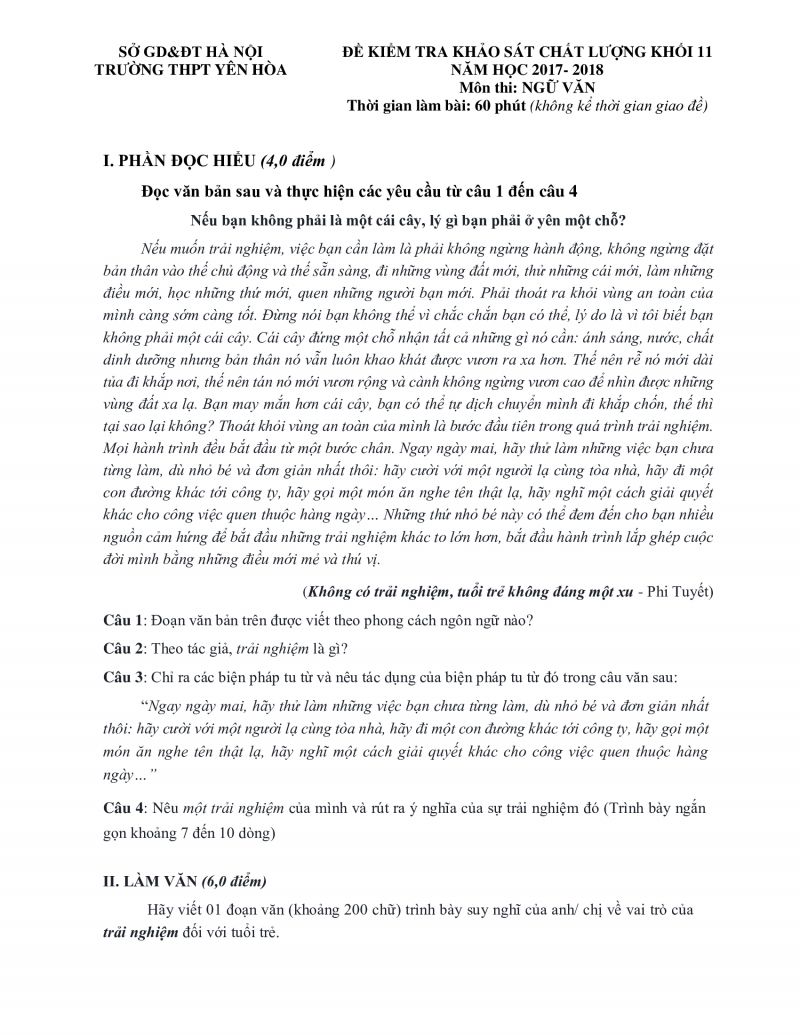 Đề kiểm tra khảo sát chất lượng khối 11 môn Ngữ Văn Trường THPT Yên Hòa, Hà Nội năm 2017