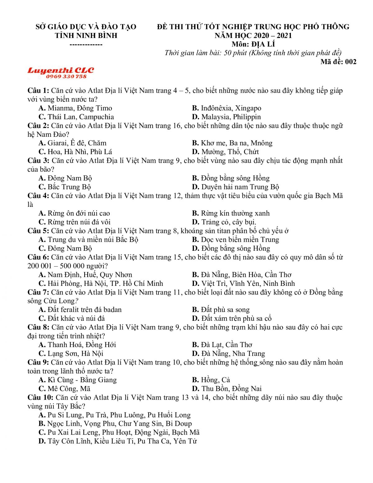 Đề thi thử tốt nghiệp THPT môn Địa Lí tỉnh Ninh Bình năm 2021
