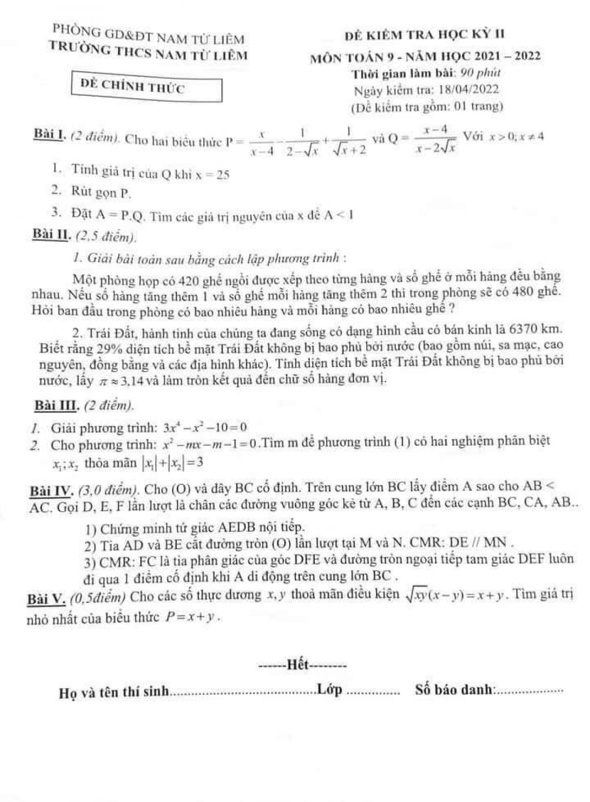 Đề kiểm tra học kì 2 môn Toán lớp 9 Trường THCS Nam Từ Liêm, quận Nam Từ Liêm, Hà Nội năm 2022