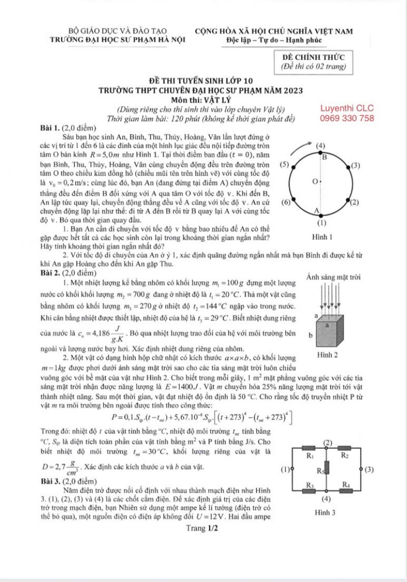Đề thi tuyển sinh vào lớp 10 và đáp án môn Vật Lý Trường THPT CHUYÊN Đại học Sư phạm Hà Nội năm 2023