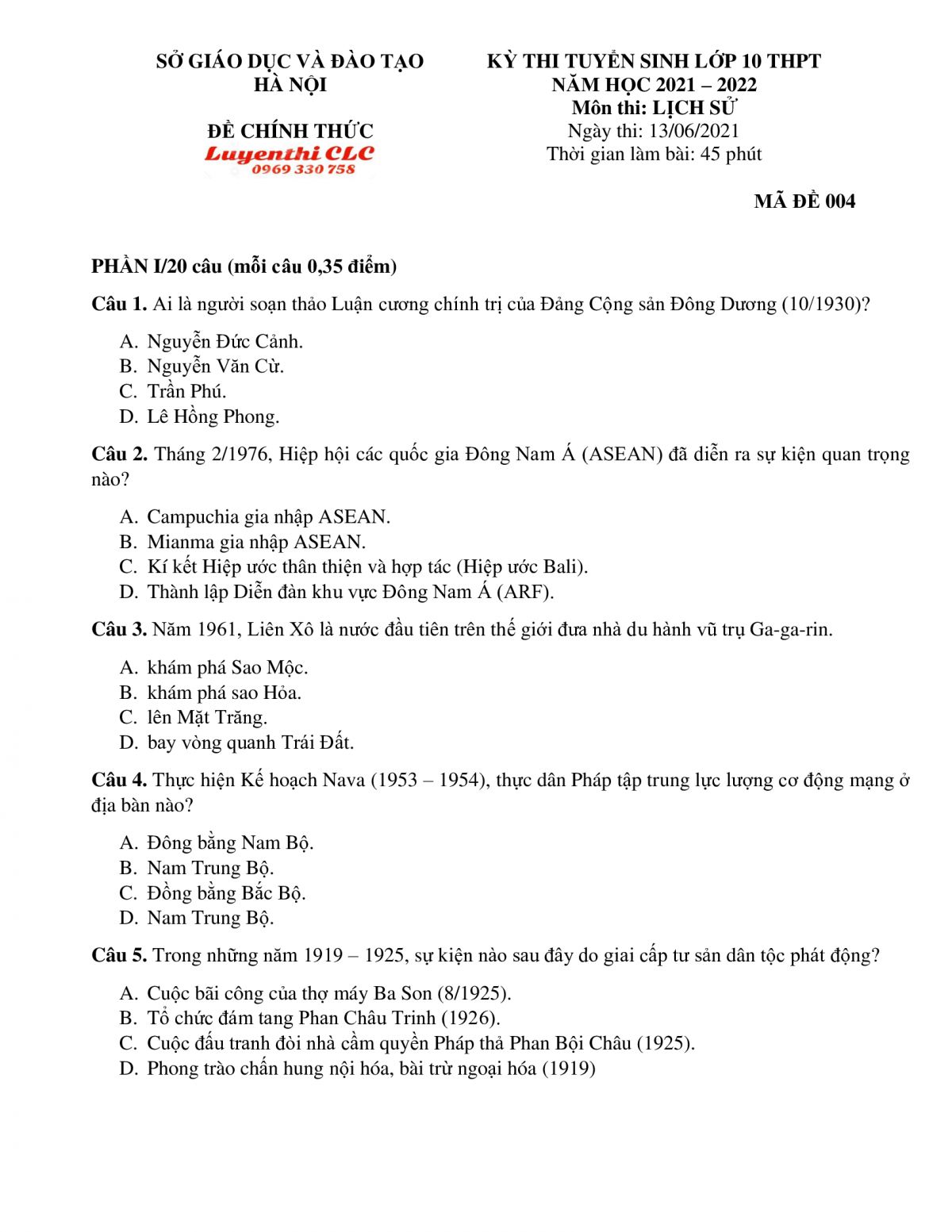 Đề thi tuyển sinh v&agrave;o lớp 10 THPT m&ocirc;n Lịch Sử tại H&agrave; Nội năm 2021