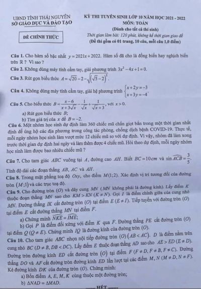 Đề thi tuyển sinh vào lớp 10 THPT môn Toán tỉnh Thái Nguyên năm 2021