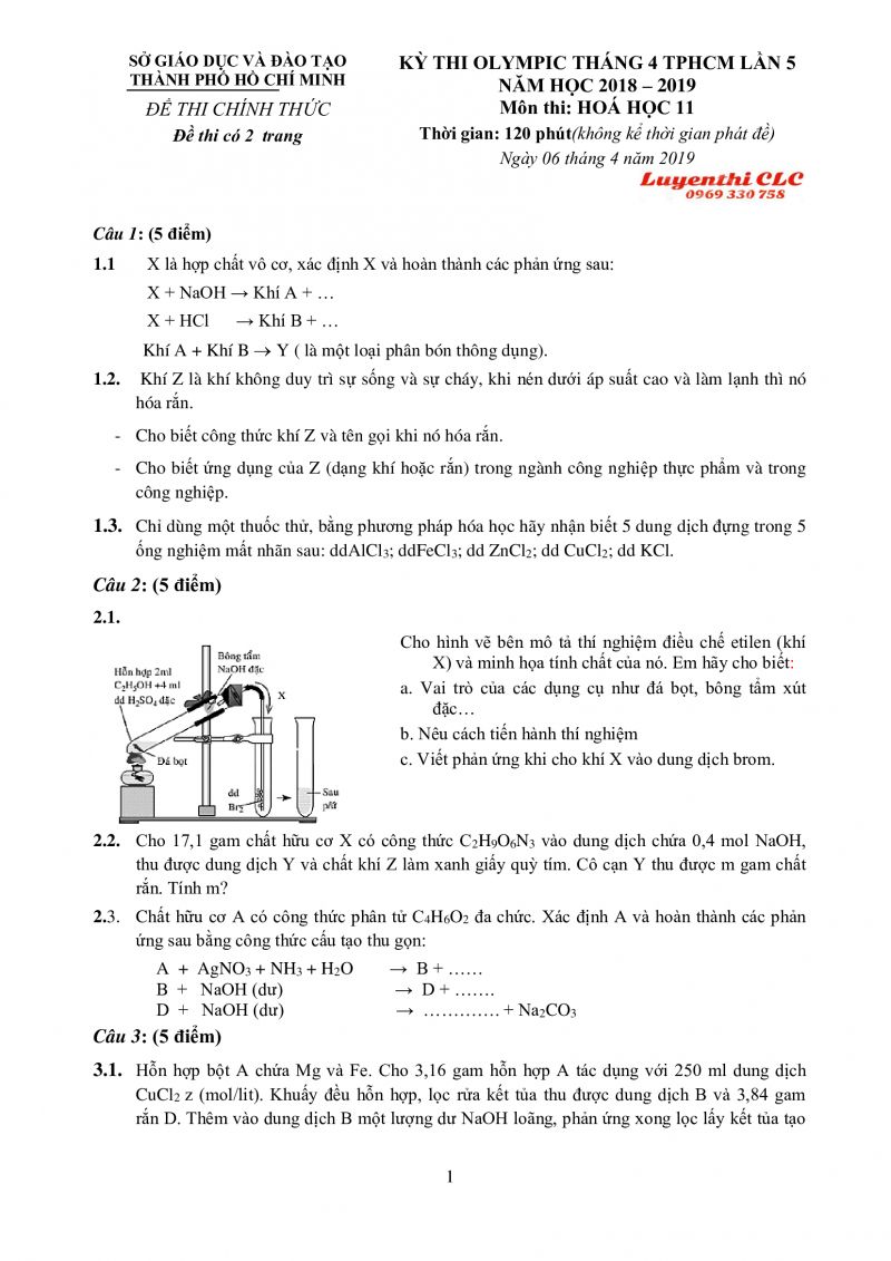 Đề thi Olympic tháng 4 môn Hóa Học lớp 11 tại Thành phố Hồ Chí Minh năm 2019