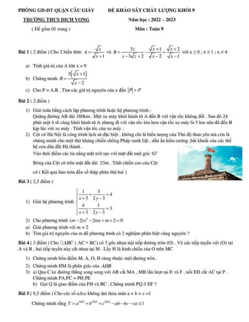 Đề khảo sát chất lượng môn Toán lớp 9 Trường THCS Dịch Vọng, quận Cầu Giấy, Hà Nội năm 2023